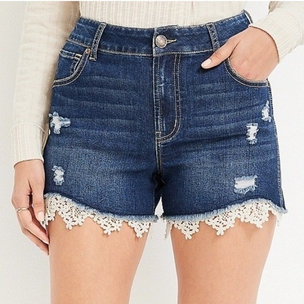 Maurices Womens Distressed Lace Trim Denim Shorts Dark Wash High Rise Size 4